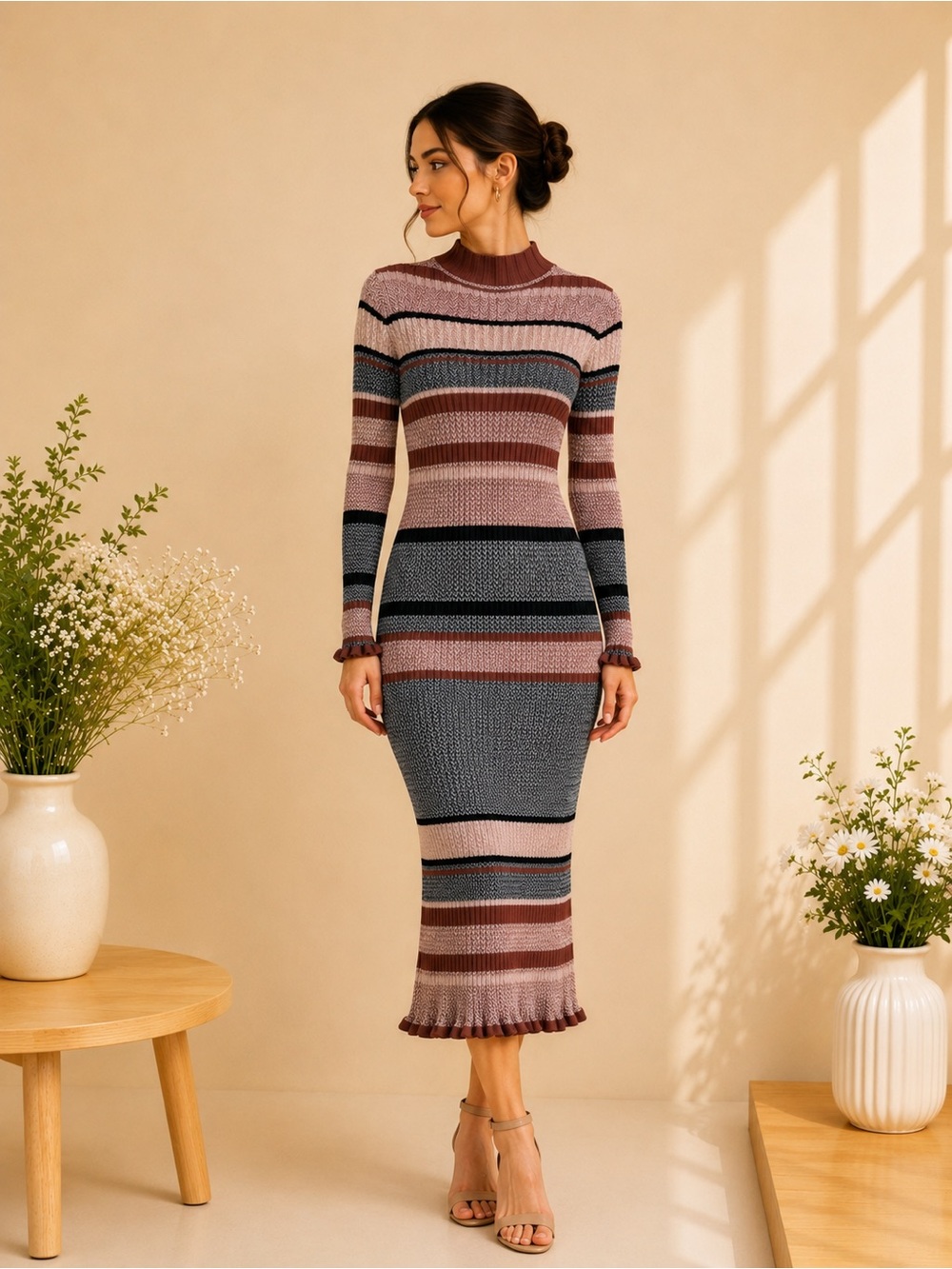 Sweet Generis Striped Rib Knit Midi Sweater Dress M/L
